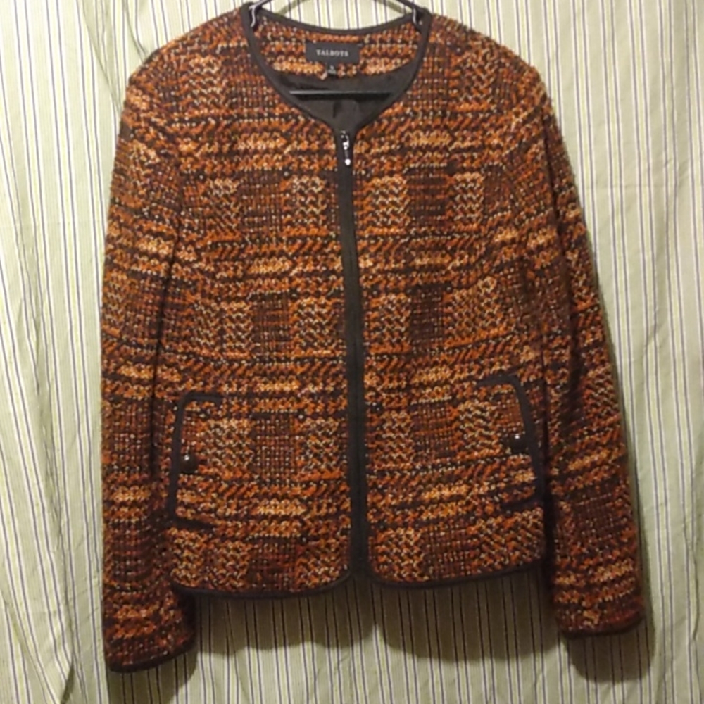 Pretty Pumpkin Plaid Size 16 Talbots Wool Blend Zip Up Blazer